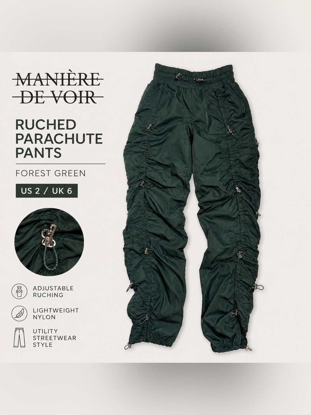 Manière De Voir Green Ruched Parachute Cargo Pants US 2